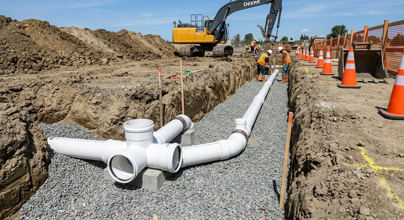New PVC sewer pipe installation in open trench for Sewer Backup in Kenmore