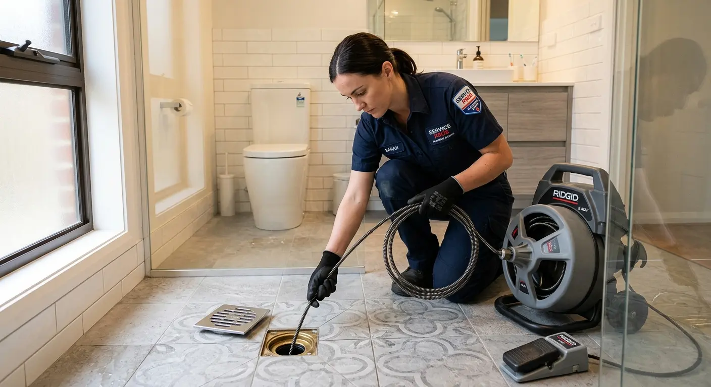 Technician clearing a bathroom floor drain for Drain Cleaning in Kenmore